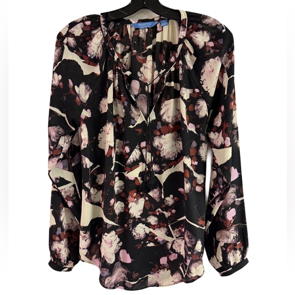 Simply Vera Wang Black Print Tassel Tie Balloon Sleeve Top Size M